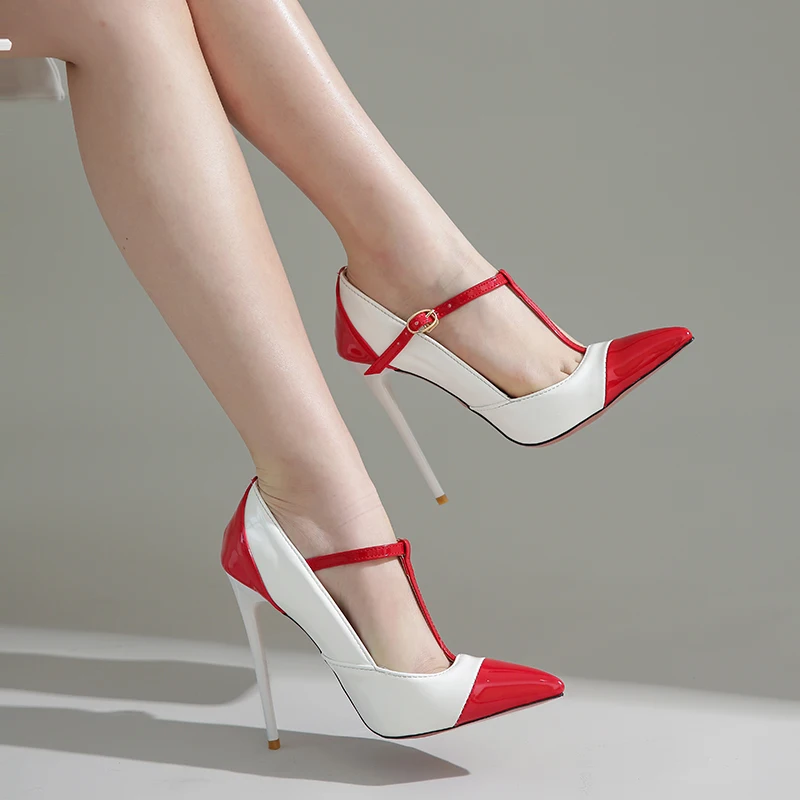 
Fashion Patchwork Pointed Toe Banquet Sexy T Strap Thin Heels Pumps for Ladies 