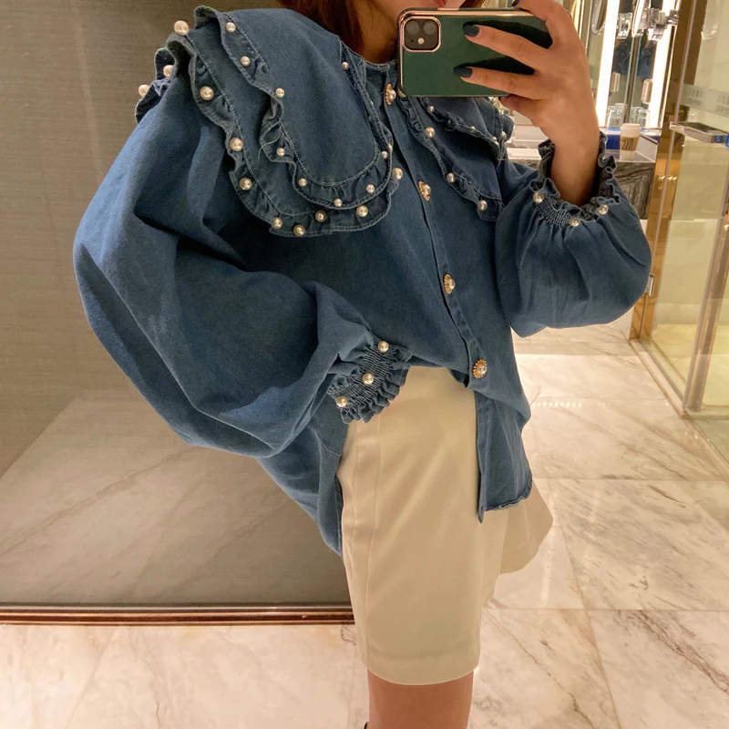 2024 Spring Fashion Streetwear Pearls Beading Layered Ruffled Collar Denim Blouse Women Blusas Lady Jean Shirt Top