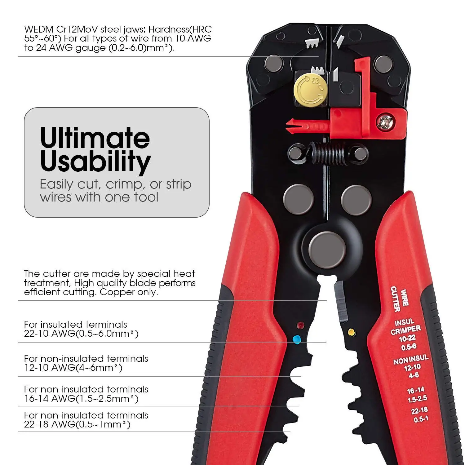 Factory OEM Self Adjusting Wire Stripper, Wire Crimper, Wire Cutter - 3 in 1 Automatic Multipurpose Wire stripper 10-24 AWG