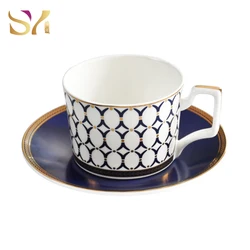 Luxury ceramic gold mug saucer european pattern blue fine bone china coffee cup and saucer set
