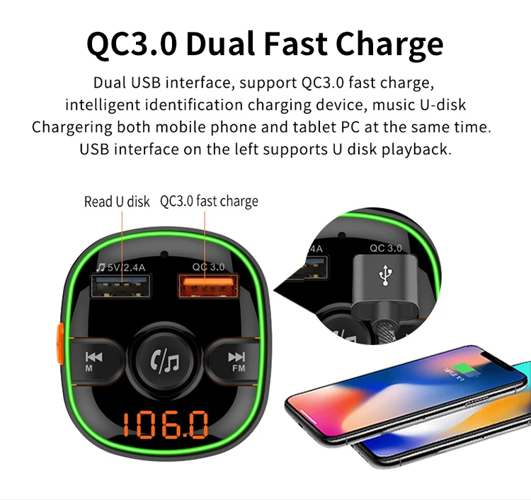 New Arrvial bt 5.0 fm transmitter car charger qc 3.0 lcd writing tablet car battery charger 12v-24v car charger 20w  type c port