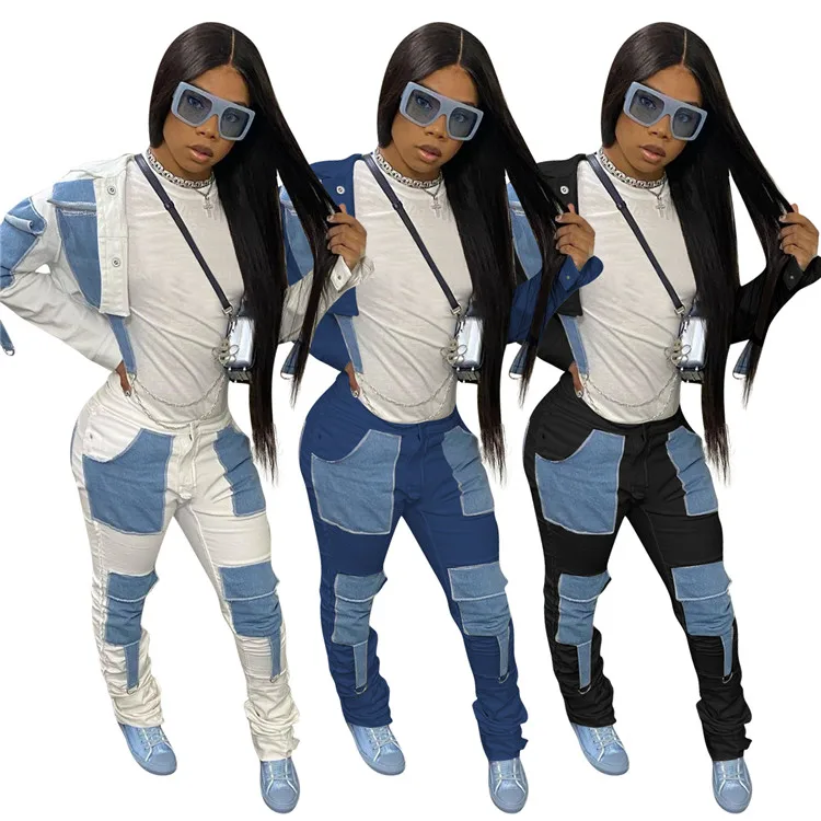 
vetement-femme Plastic stacked pants set stacking pants casual crop top personality denim pocket woman stack boby suits 