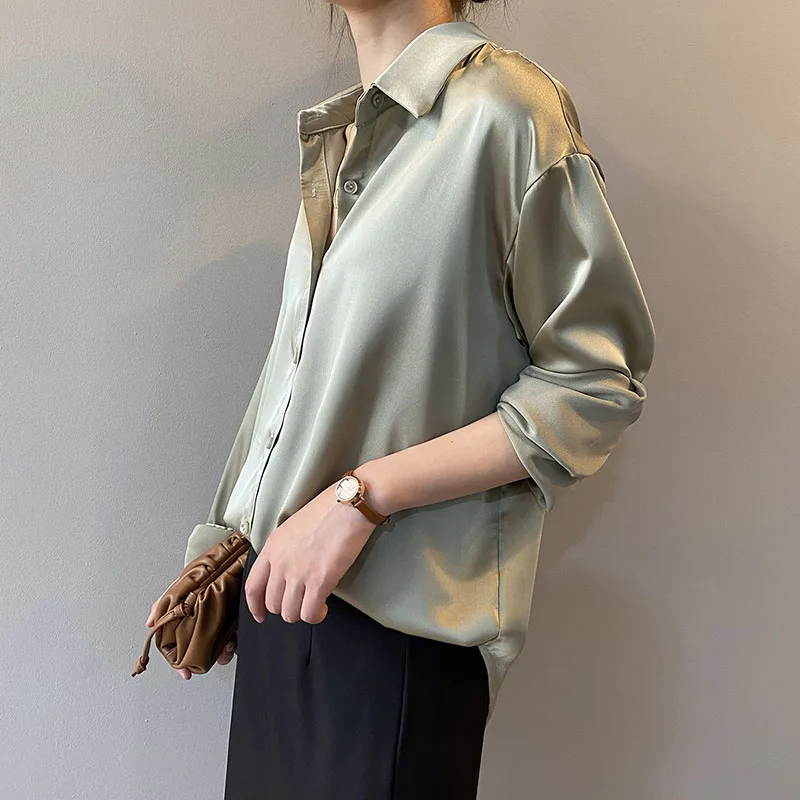 Autumn Fashion Button Up Satin Silk Shirt Vintage Blouse Women White Lady Long Sleeves Female Loose Street Shirts