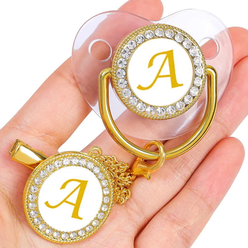 Name Initials Baby Pacifier Personalized Pacifiers Chain Clips Cover Set Transparent Bling Rhinestones Silicone Teether Nipple