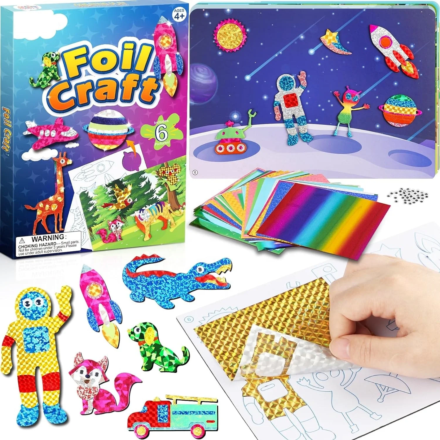 Art Kit Toys for Kids Animals Space Cars, Foil Stickers Art Craft Supplies