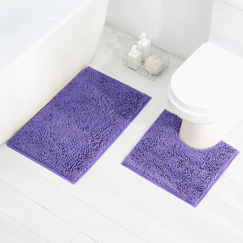 SHENGDE Custom Size Bathroom Shaggy Solid Color Microfiber Rug Set 3pc Non Slip Tpr Shiny Chenille Bath Mat