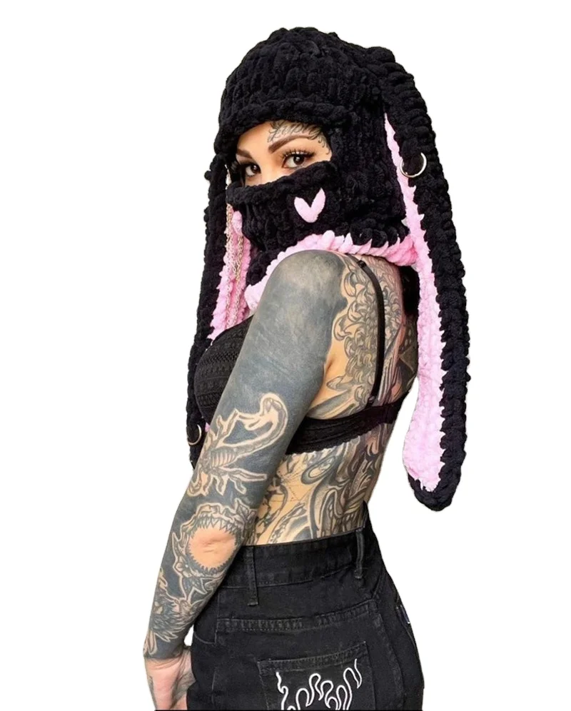 New Handmade Winter Demon Balaclava Hoodie Ski mask Rabbit Ear Girls Woolen Beanie Cap With Neck And Neck Scarf