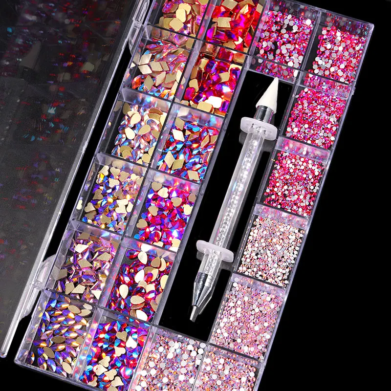 High Quality Pink 3d Nail Art Fancy Crystal AB Rhinestones Box Bright Glass Diamonds Charm Flatback Shaped Rhinestones Set