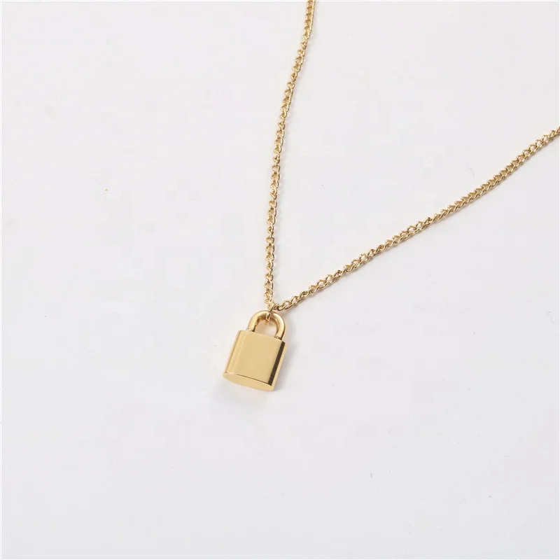 Stainless steel gold plated simple geometric jewelry cute tiny plain padlock lock charms pendant necklace jewelry for women