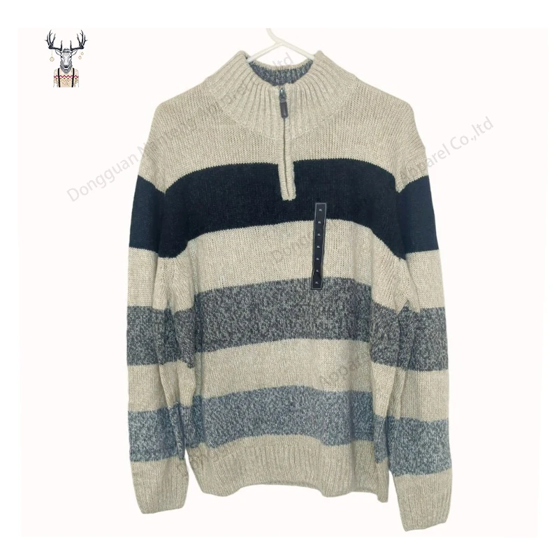 Nanteng Custom Manufacturer 100% Cotton Casual Striped Knit 1/4 Zipper Mock Neck Long Sleeve Mature Mens Pullover Sweater