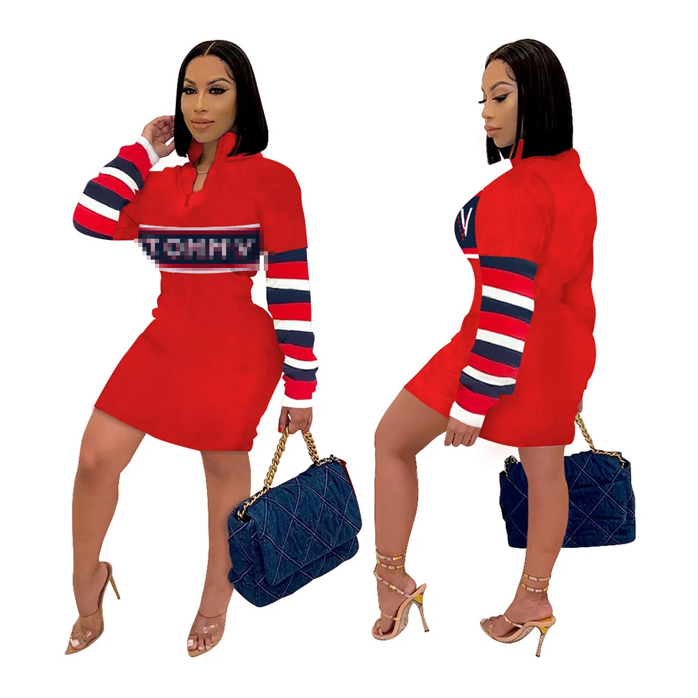 
New Design Letter Print Dress Zipper Front Stand Neck High Waist Dressesfall Fall 2021 Women Clothes Ladies 