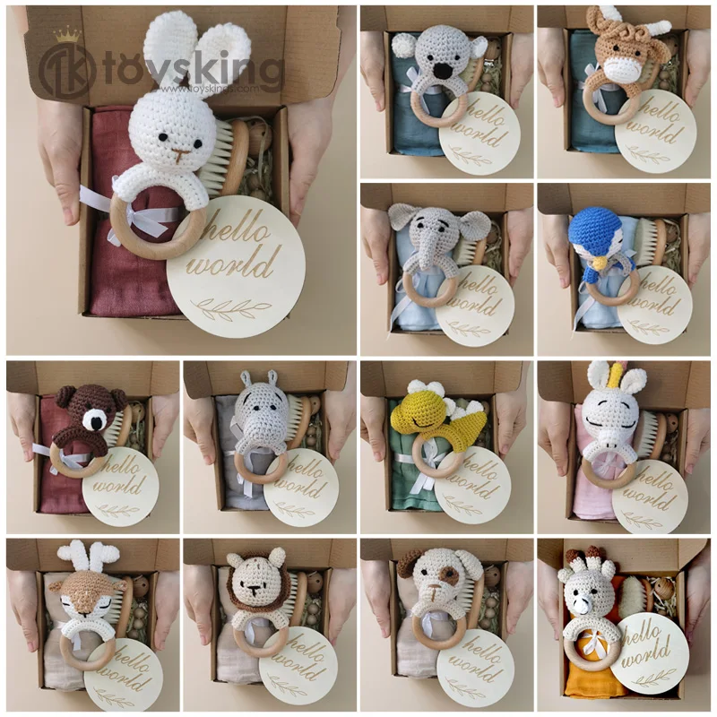 BPA Free Crochet Baby Teether Doll Beech Wood Newborn Teether Ring Pacifier Clip Baby Milestone Birth Gift Box 6pcs/set