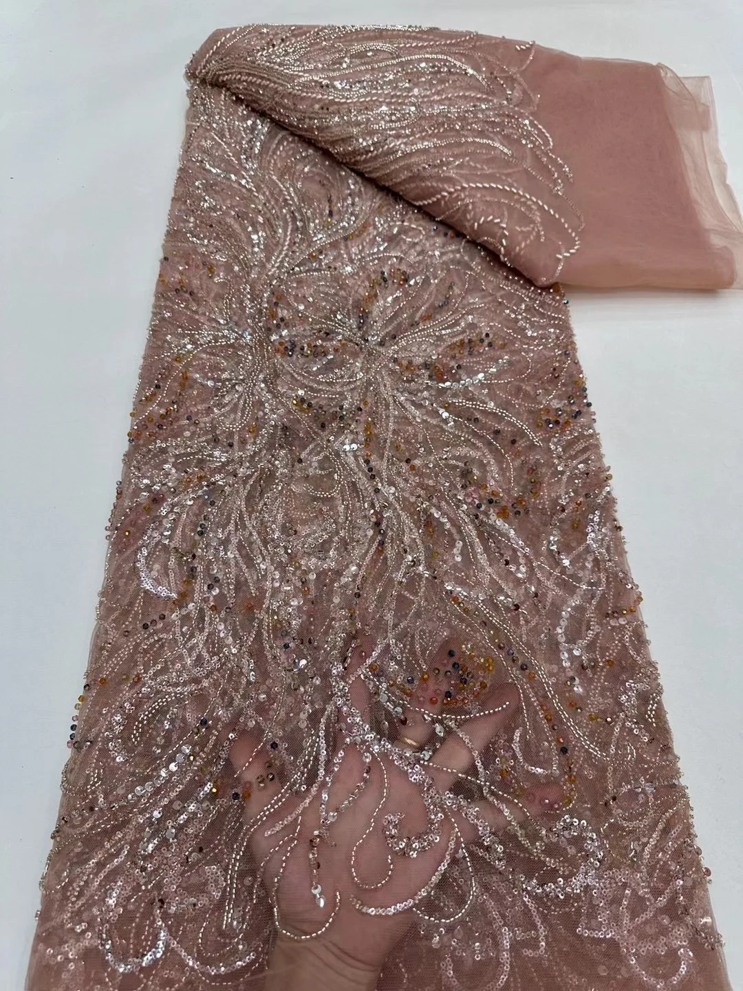 NI.AI Wedding Beaded Net Lace Fabric Embroidered Bridal Shiny Sequin Handmade Lace Fabric With Pearl