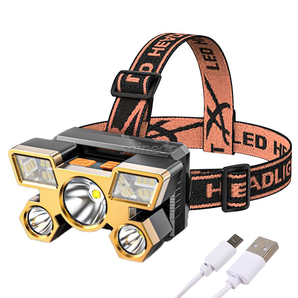 USB Rechargeable Headlamp Portable 5LED Headlight Built in Battery Torch Portable Working Light Fishing Camping Head Light