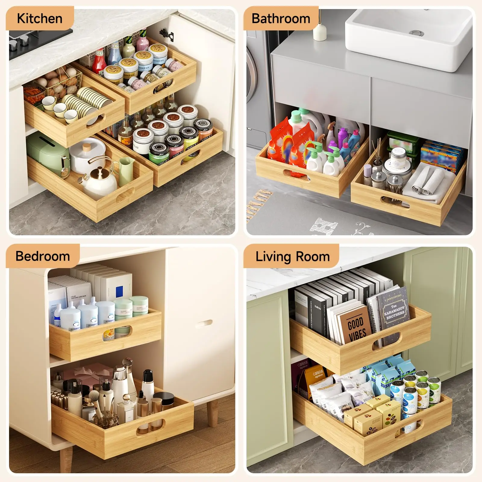 Pull Out Cabinet Organizer, Bamboo Wood Slide Out Drawers for Kitchen Cabinets, Adhesive Nano Film Shelves Drawers for Home