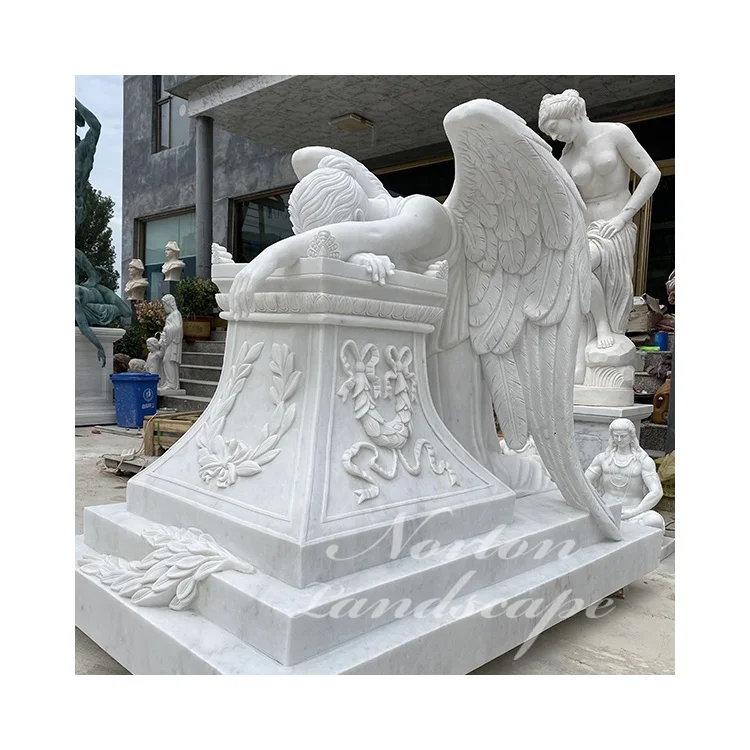 Outdoor Large Stone Angel Statue White Marble Weeping Angel Headstone And Tombstone For Grave