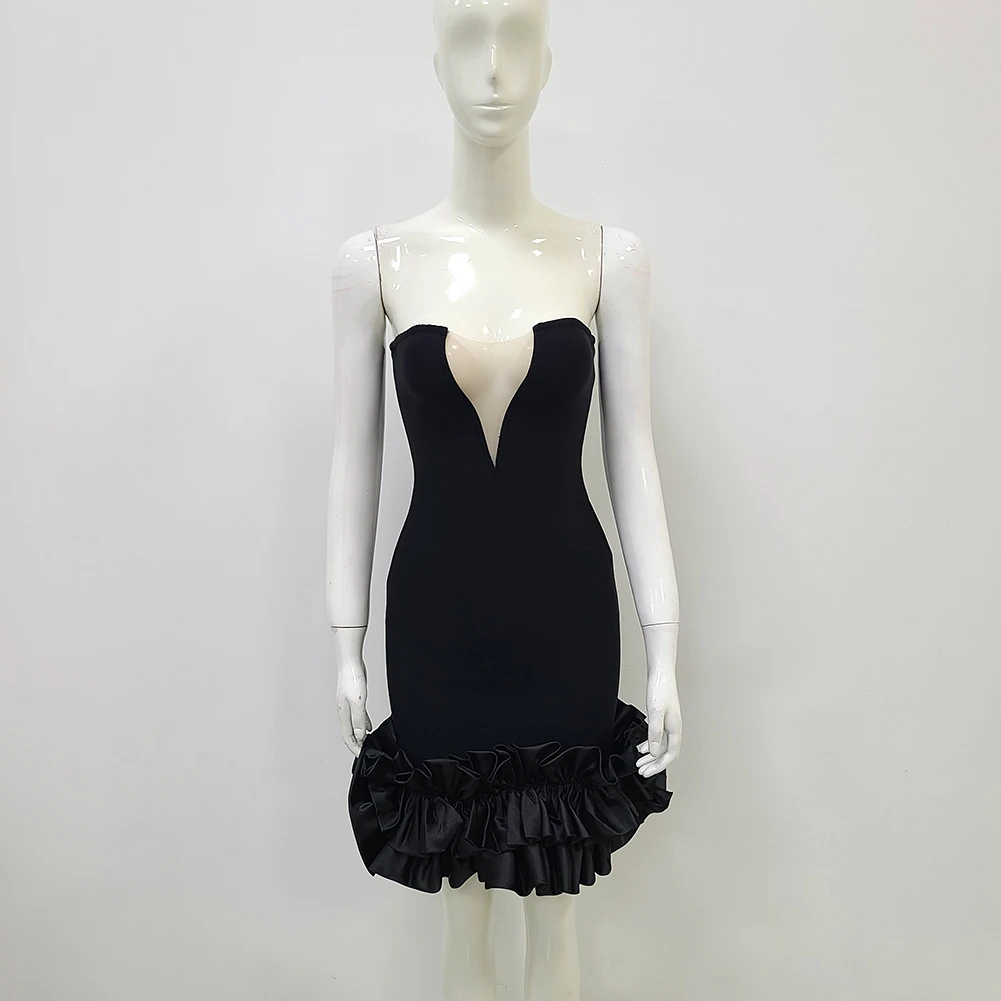 New Arrival High-quality Strapless Sleeveless Mesh Pooper Skirt Mesh Stitching Peplum Birthday Party Club Prom Evening Dress