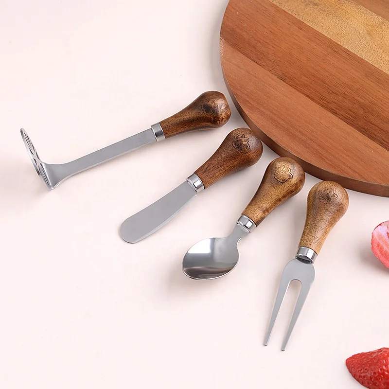 Wooden Handle Stainless Steel Potato Press Cheese Knife Fork Spoon Set Kitchen Baking Tools