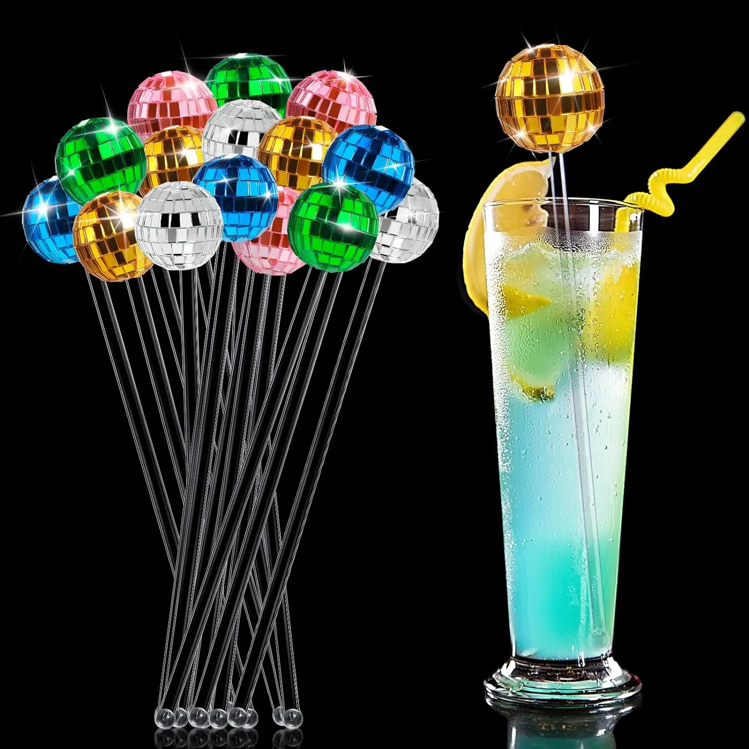 Party Home Bar Shop Plastic Round Top Swizzle Sticks Multicolored Mirror Disco Ball Coffee Beverage Drink Mixing Cocktail Stirre