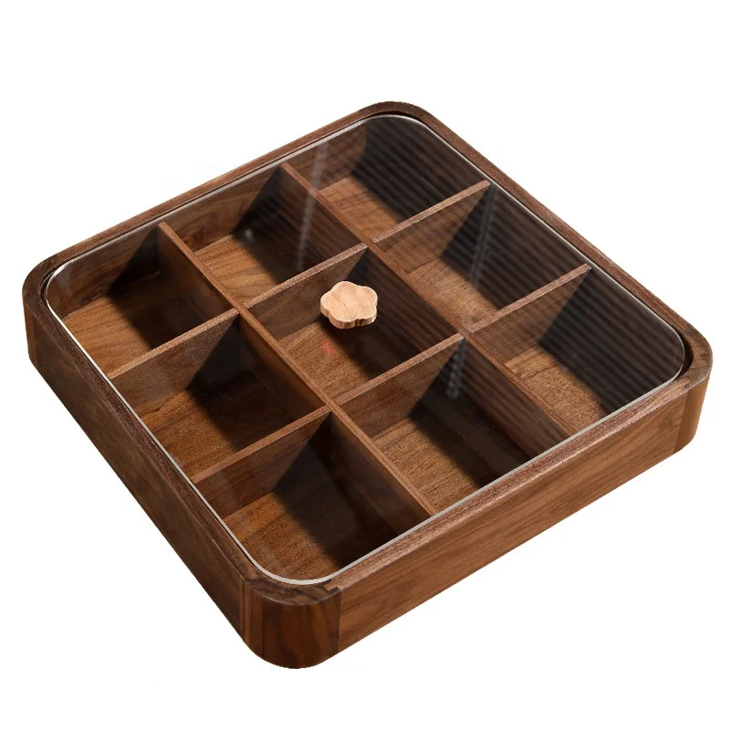 BSCI Factory Walnut Wood Trays For Snacks and Nuts Custom Wooden Serving Tray Food Trays For Dry Fruits With Compartments