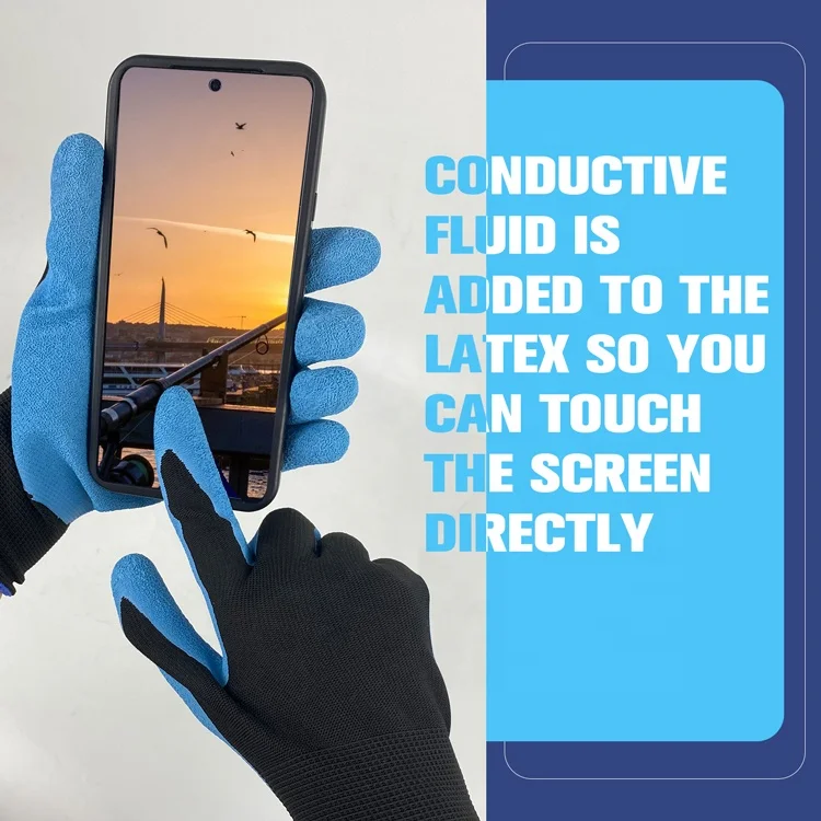Breathable 13-Pin Polyester Core Palm Conductive Latex Dipped Mobile Phone Touch Screen Waterproof Work Gloves