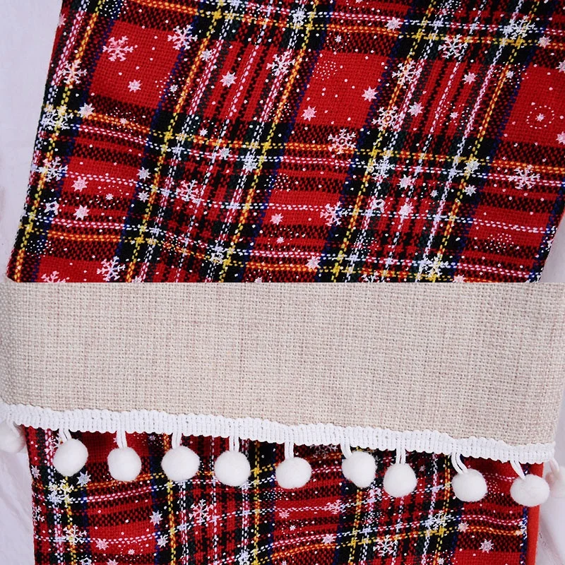 BSCI SJ0110-1 America popular burlap band snowy Christmas stocking lace balls custom plaid