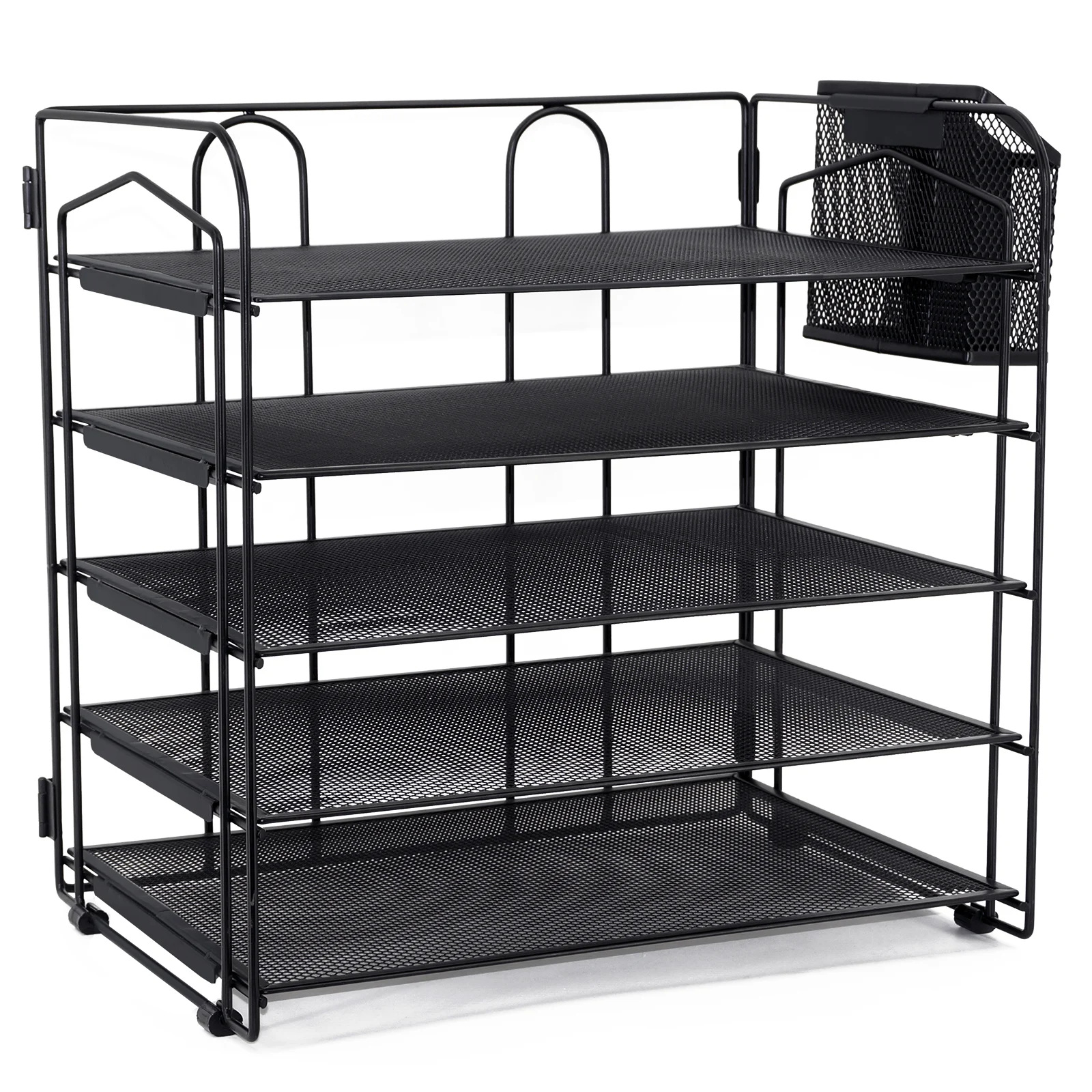 Metal 5  Tier Paper  Letter Tray  Organizer with Pen Holder and Extra pack 6 Colored Plastic  File folders,Desk Organizer Black