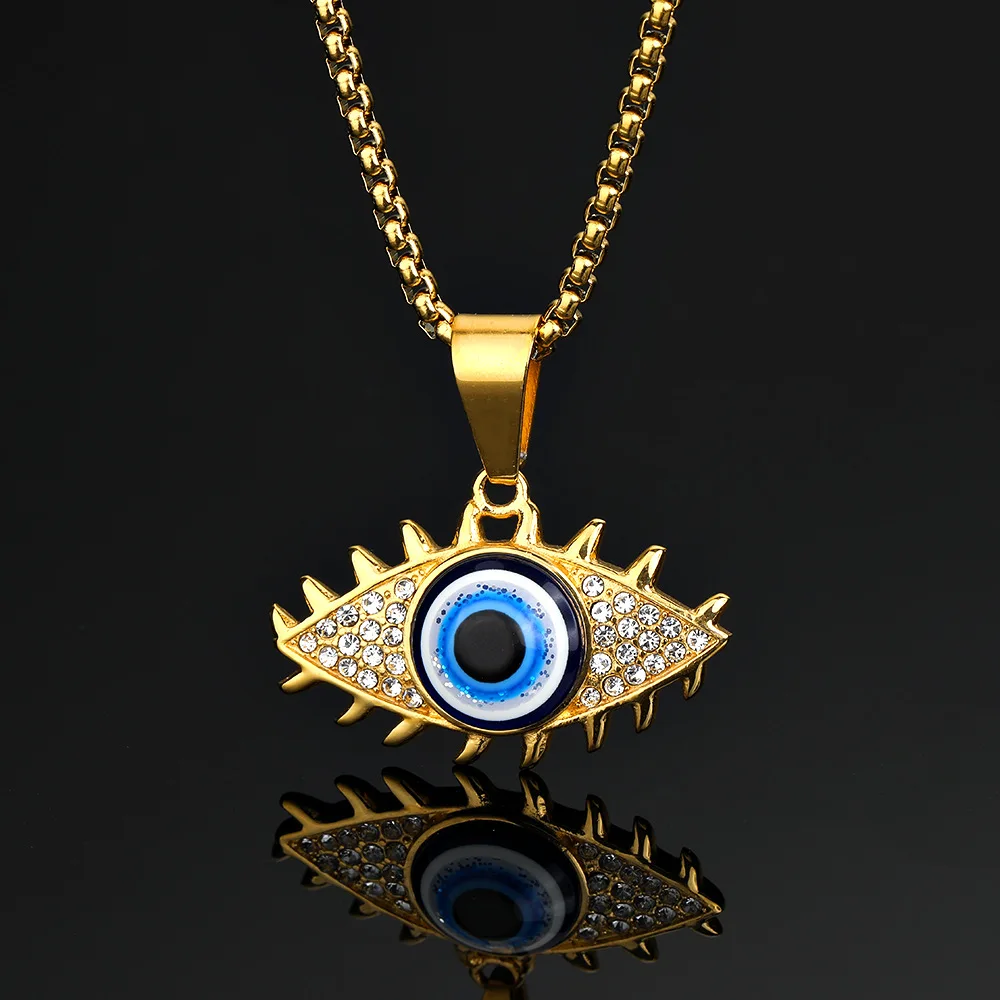 Fashion Blue Eye Pendants Stainless Steel Crystal Diamond Necklace Eye Pendant Unfading Necklace For Men