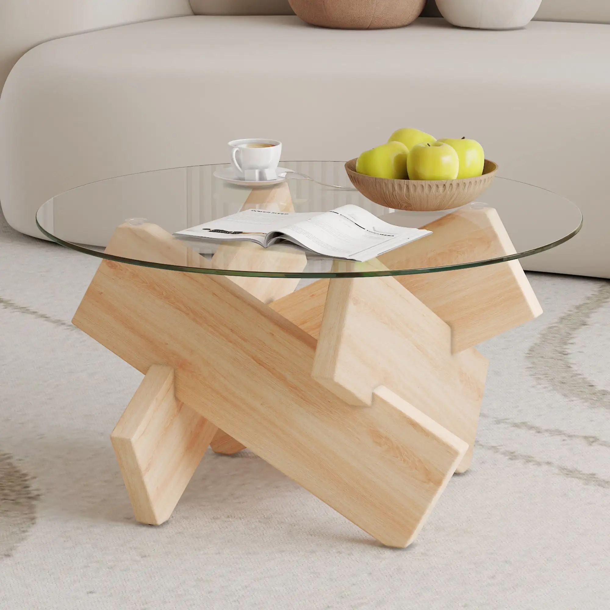 Circular glass coffee table, 33.4-inch modern and distinctive design tea table. Tempered glass countertop, wood colored MDF tabl