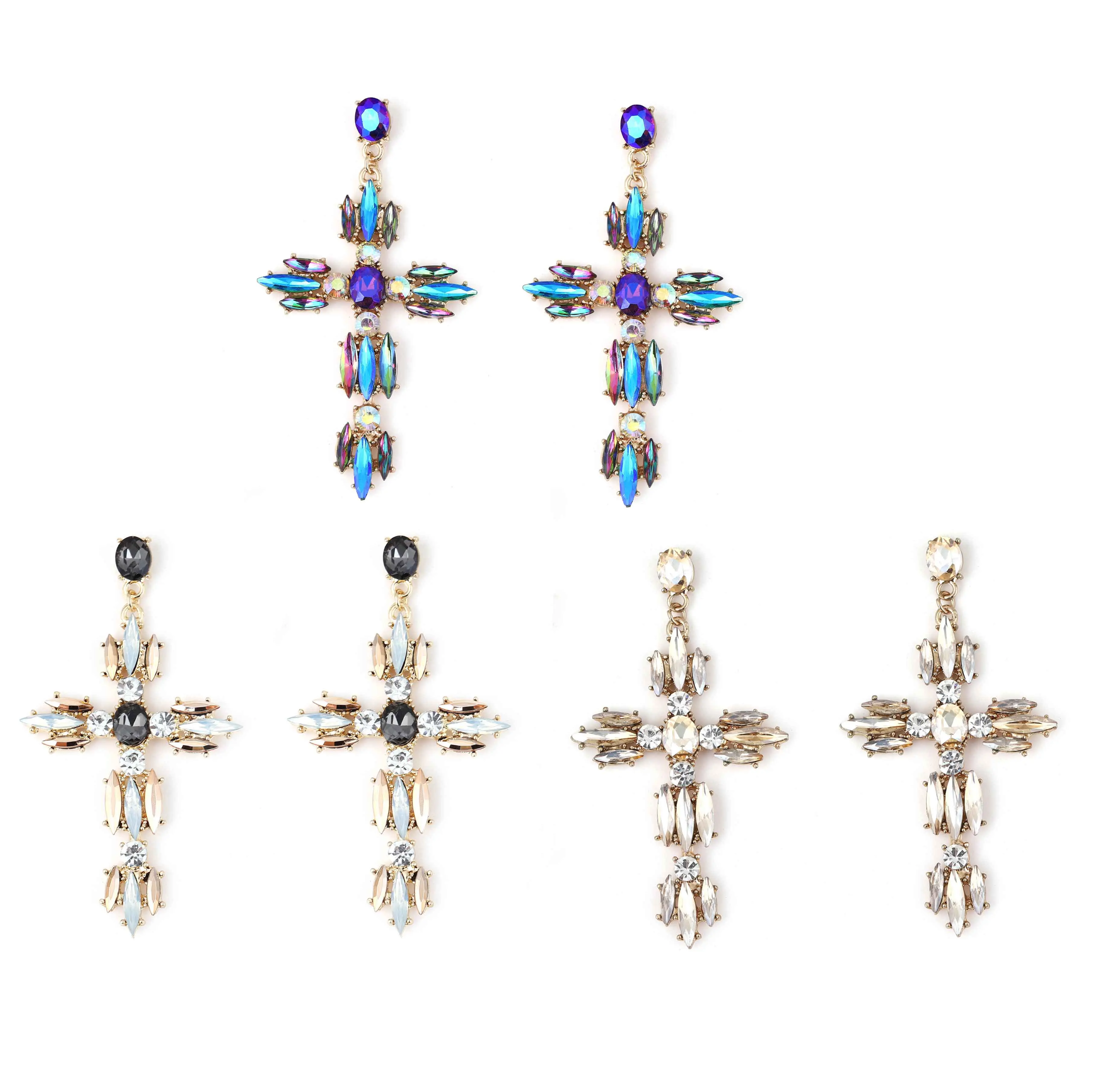 Trendy Multicolor Big Cross Stud Earrings Large Statement Crystal Dangle Earring Rhinestone Fashion Wedding Party Shiny Jewelry