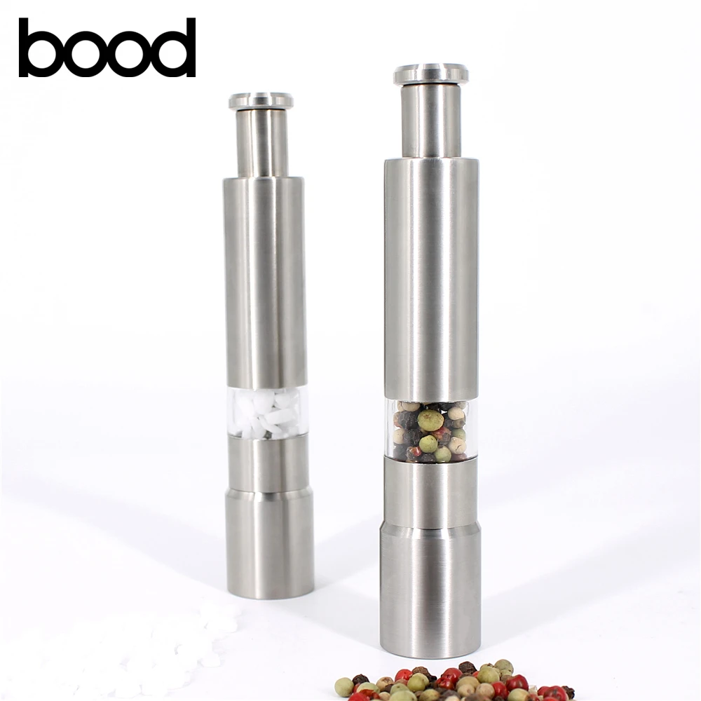 amazon hot sale stainless steel tumbler push type salt and pepper mill set with acrylic stand