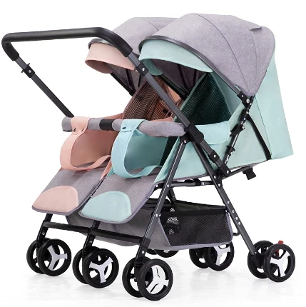 JXB New Design Antique Can Sit And Lie Down Four Wheel Suspension Easy Fold Twin Baby Stroller For Two Kids