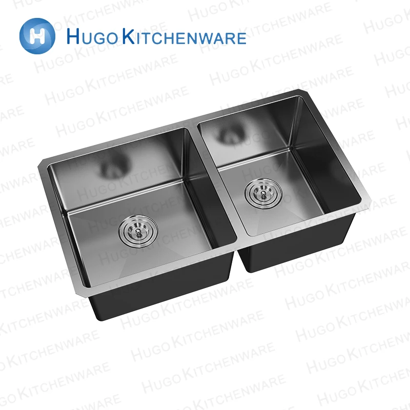 Wholesale 304 Stainless Steel  Black Color Welded Square Undermount Double Bowl Kitchen Sink with Nano Surface