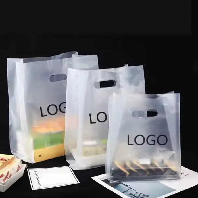 Transparent frosted poly plastic shopping bags bread pack ldpe bag die-cut plastic bag with handle