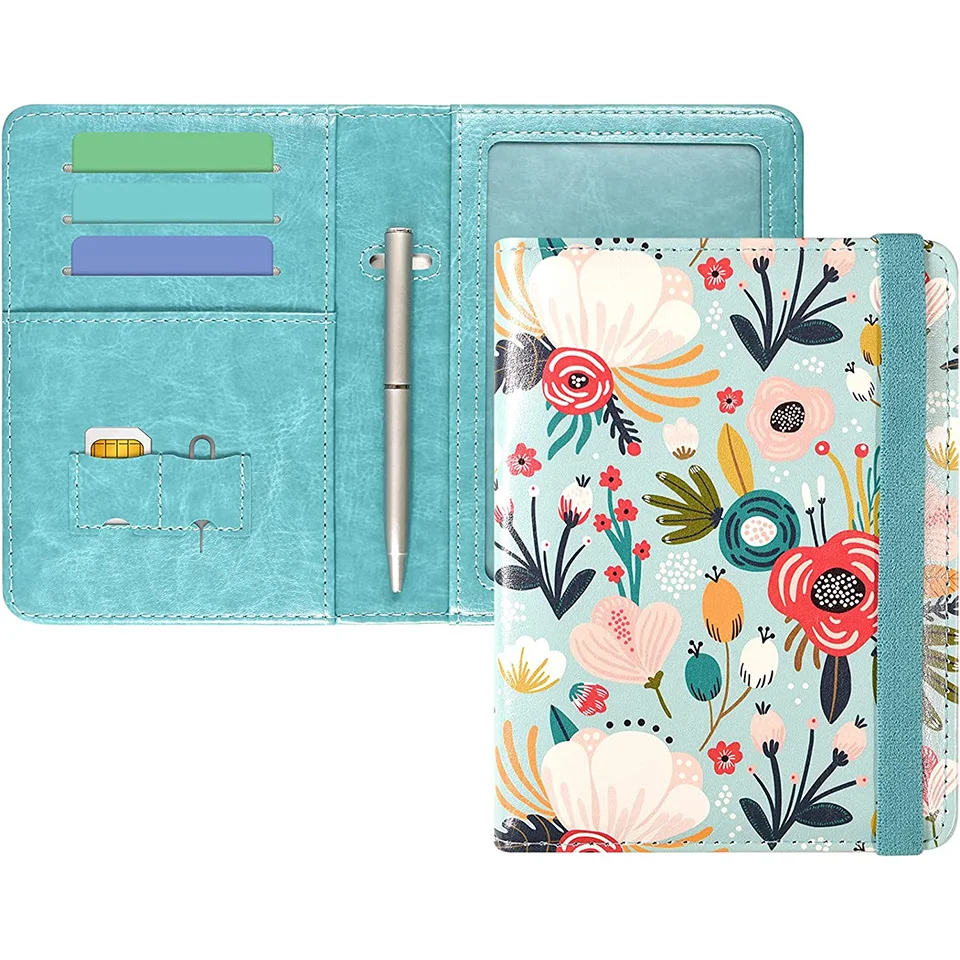 Premium PU Leather Travel Passport Wallet RFID Blocking Documents Organizer with Pen Holder, for Women and Men Hill Flower