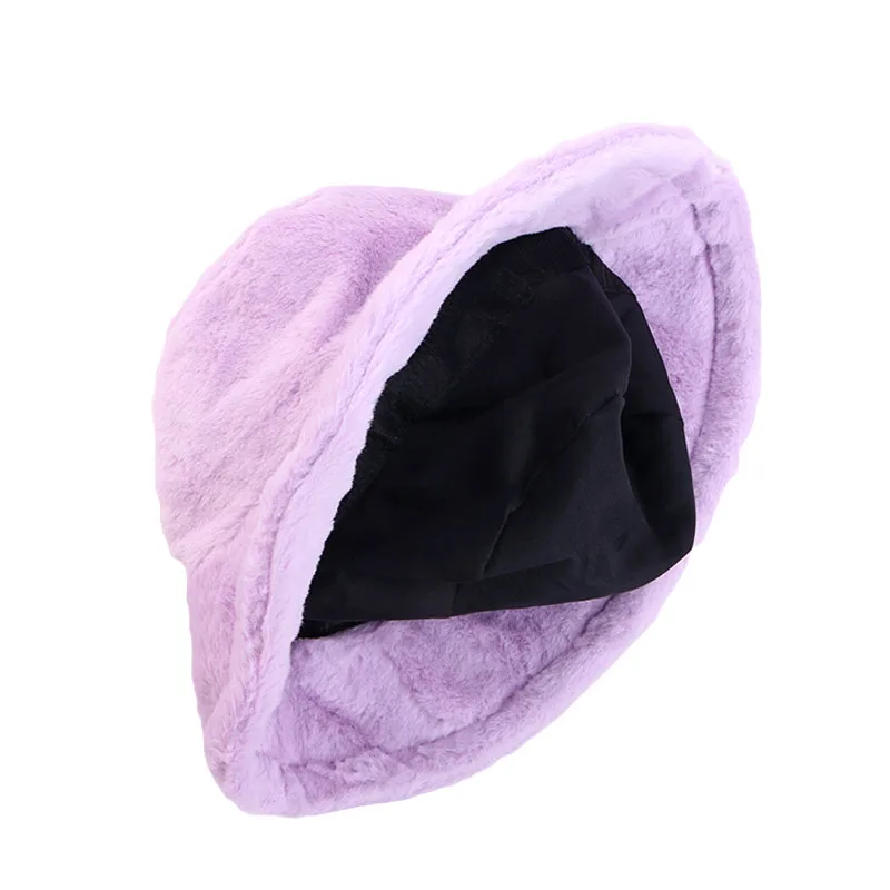 winter warm thick women solid color custom logo fishing cap plush fuzzy furry fluffy Faux Fur Bucket Hat