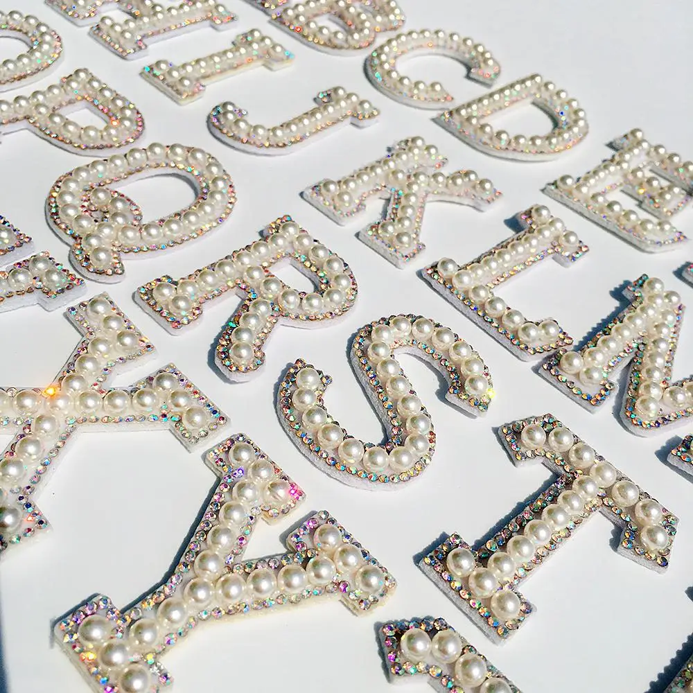New Alphabet Pearl Rhinestone Words Ironing on Patches Applique 3D Handmade DIY Patch Cute Initial Letter Patches