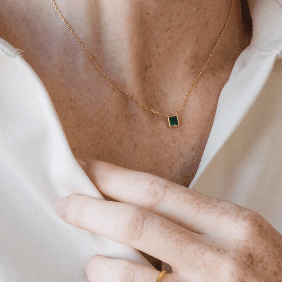 mother jewelry 925 Sterling Silver green natural stone necklace 18K gold Plated Stone Square malachite necklace