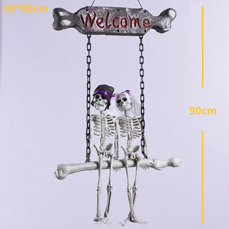 Halloween Decoration Hanging Skeleton Scary Halloween Props Bride Groom Welcome Sign for Home Patio Yard Haunted House Decor