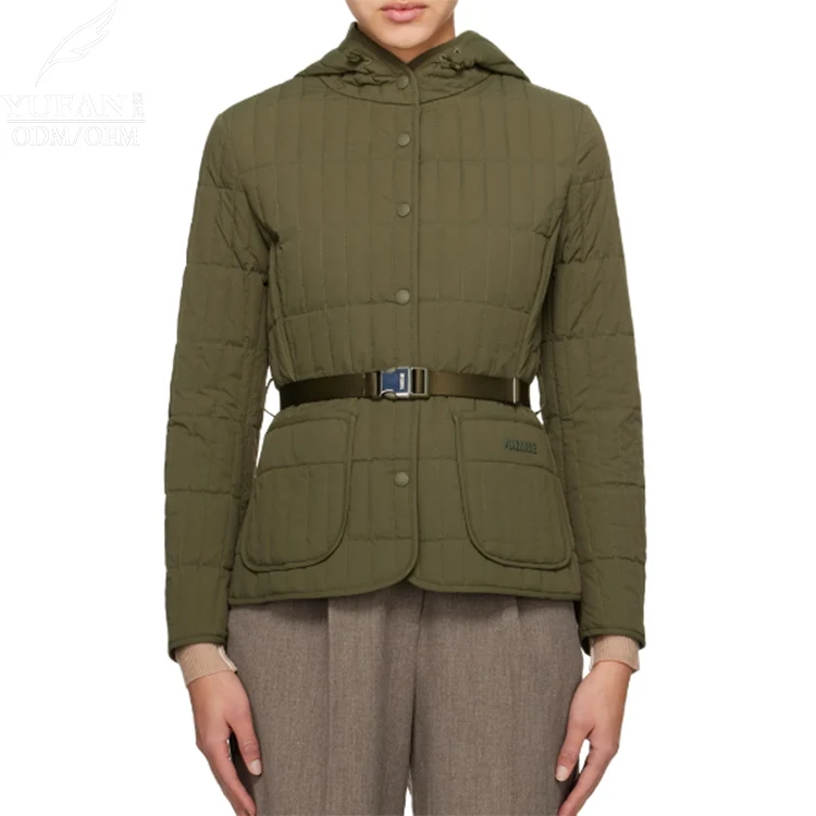Yufan Custom fashion style warm down jacket waterproof fabric slim puffy belt green down jacket coats for women