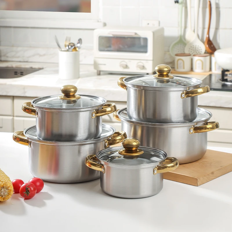Hot Sale 10pcs Stainless Steel pots Gold Handle Kitchen Cookware Sets Induction Cooking Pots Glass Casserole Collection