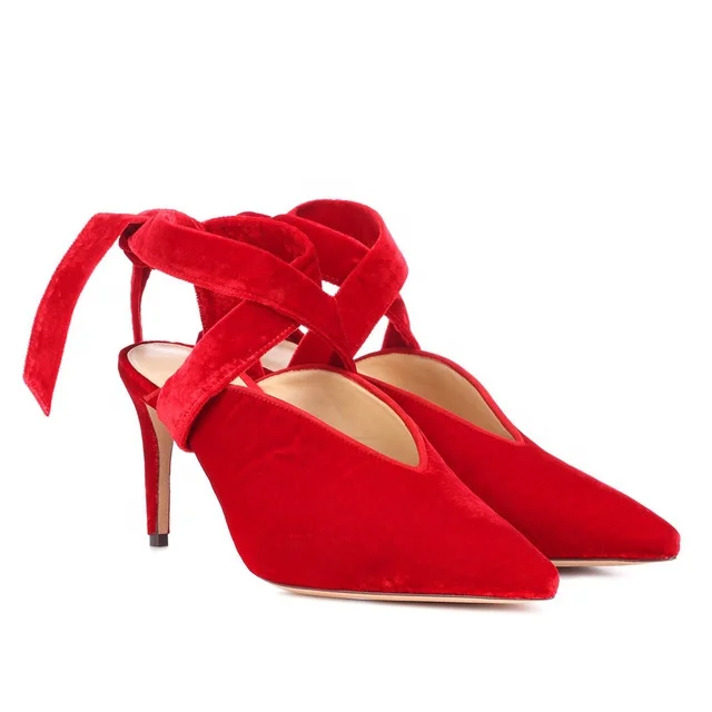 Velvet Red High-Heel Party Shoes Plus Size Pointed Toe Exchange Lace-Up Single Shoes Wedding Wedding Shoes