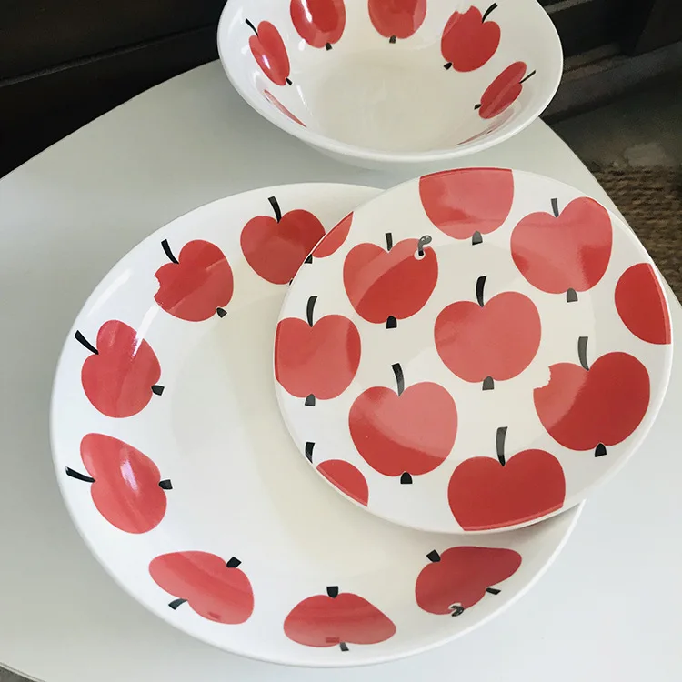 Bulk Cute Apple Print Ceramic Plate Set Christmas Porcelain Dish Home Fruit Dinner Plate