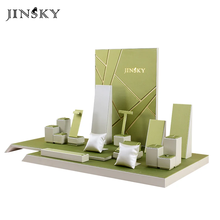 JINSKY exhibitor stands jewellery display stands wooden green color pu leather jewelry stand