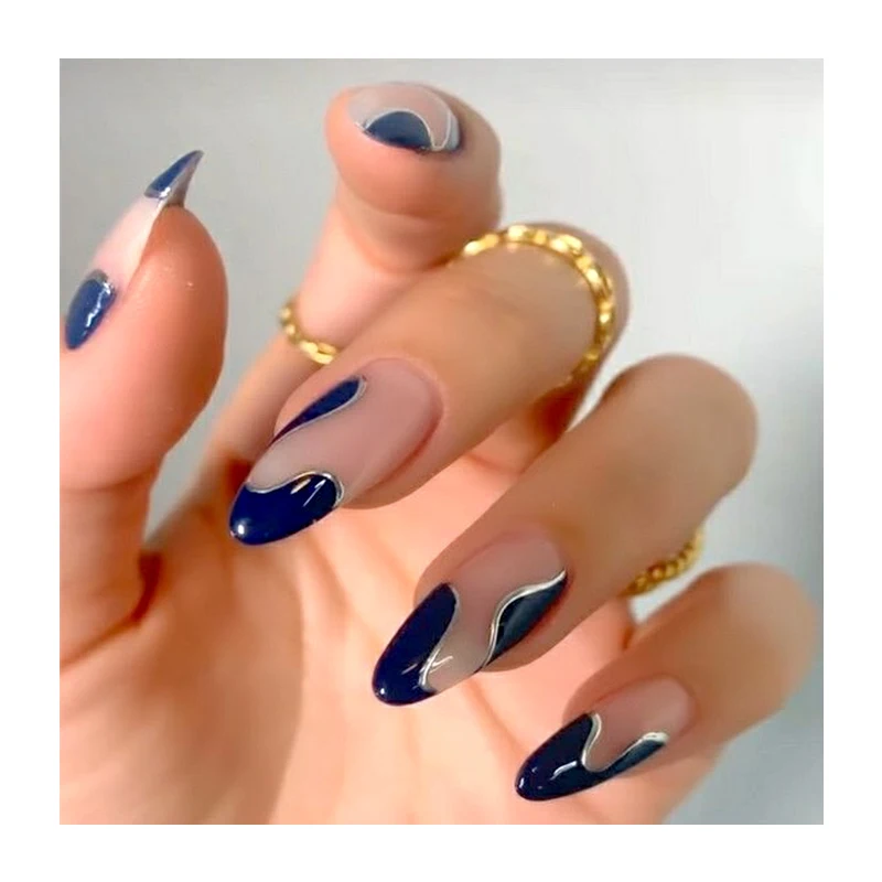 Ins Hot Selling Artificial Nail Art Silver Stripe Swirl Medium Painting 24pcs Private Label Logo Oem/Odm Abs Press On Nail