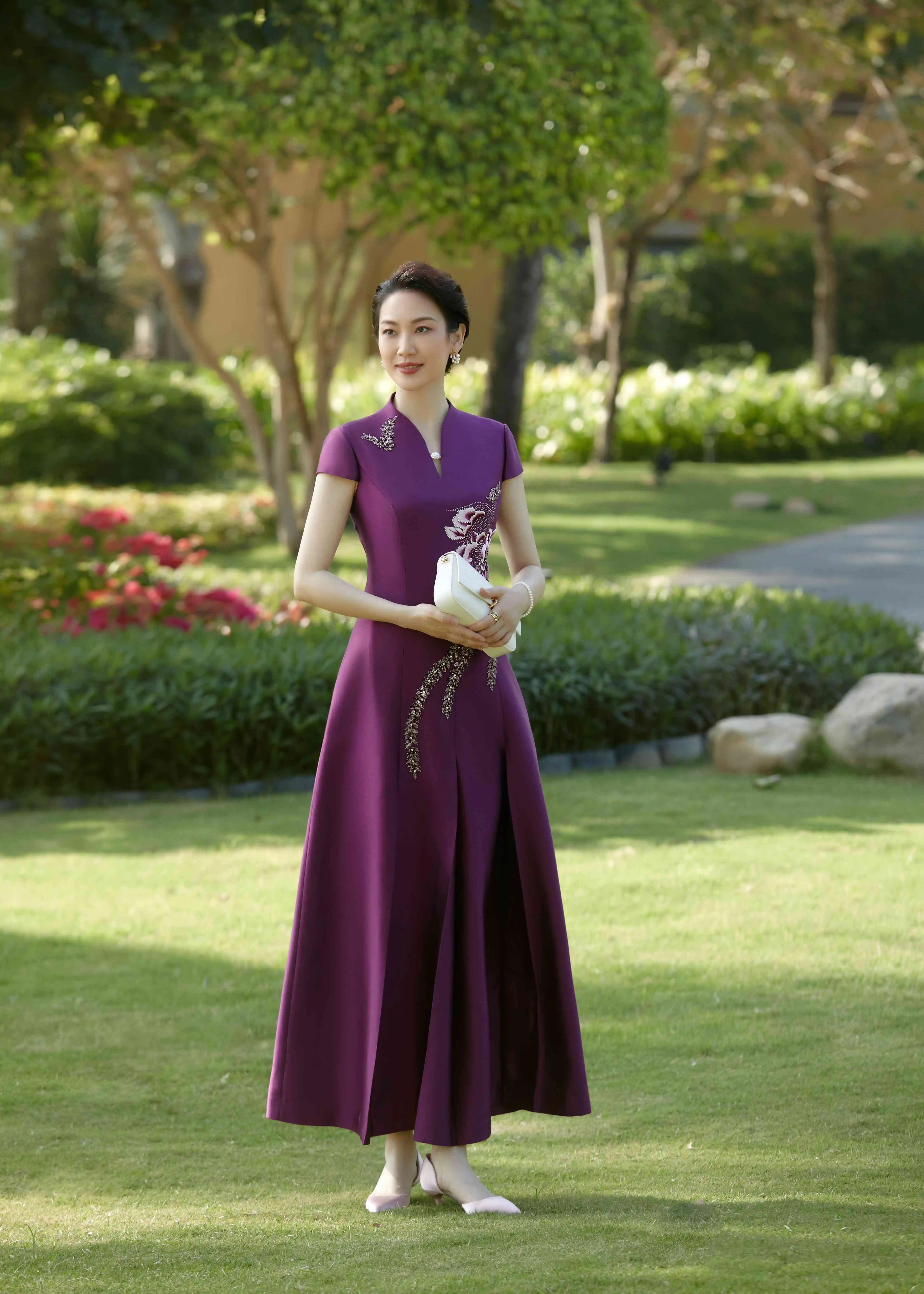 Cheongsam Good Quality New Chinese Year Print Toast Dress Evening Engagement Wear Dress V-Neck Qipao