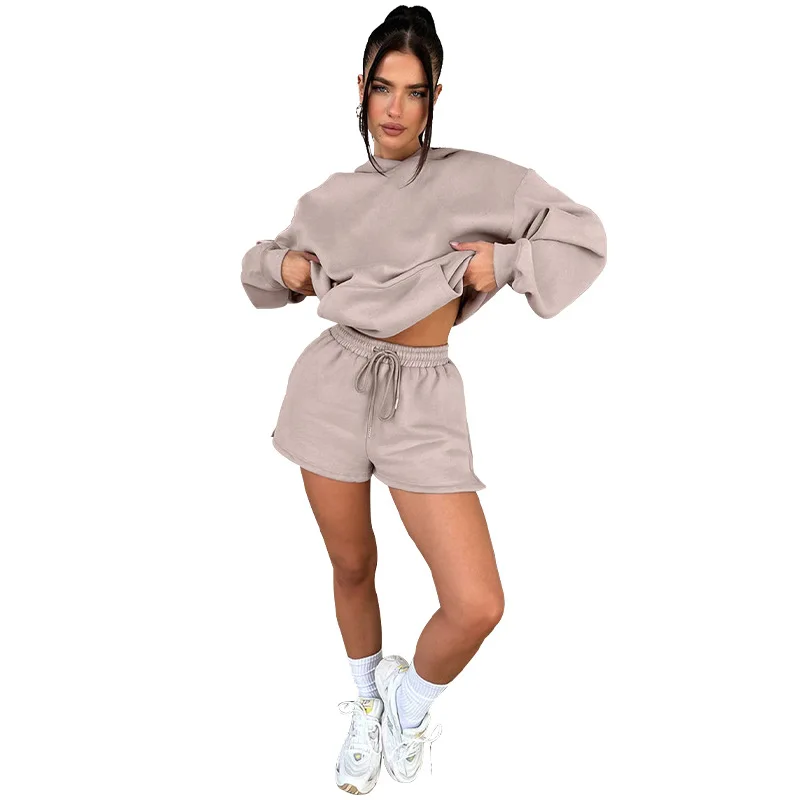 WWS-06 Boxy fit polyester cotton women hoodie and shorts set solid color female pullover and short sweatpants