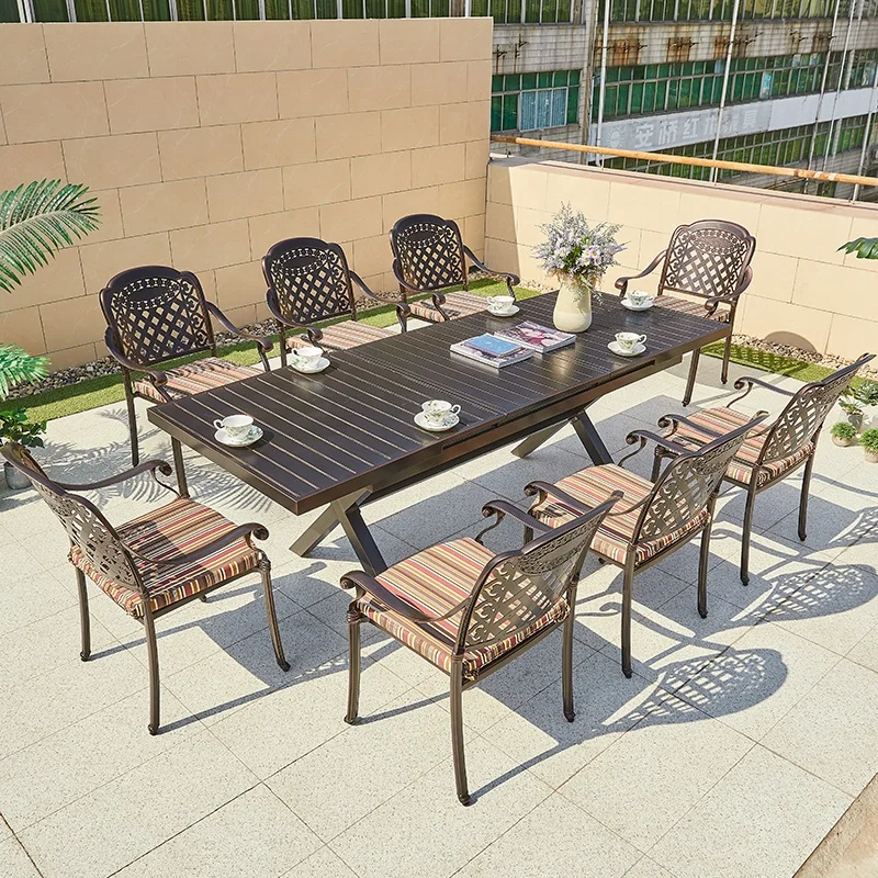 French Backyard Aluminum Rectangular Table Cast Outdoor Dining Room Extendable Sets 8 Chairs Table Furniture Luxury