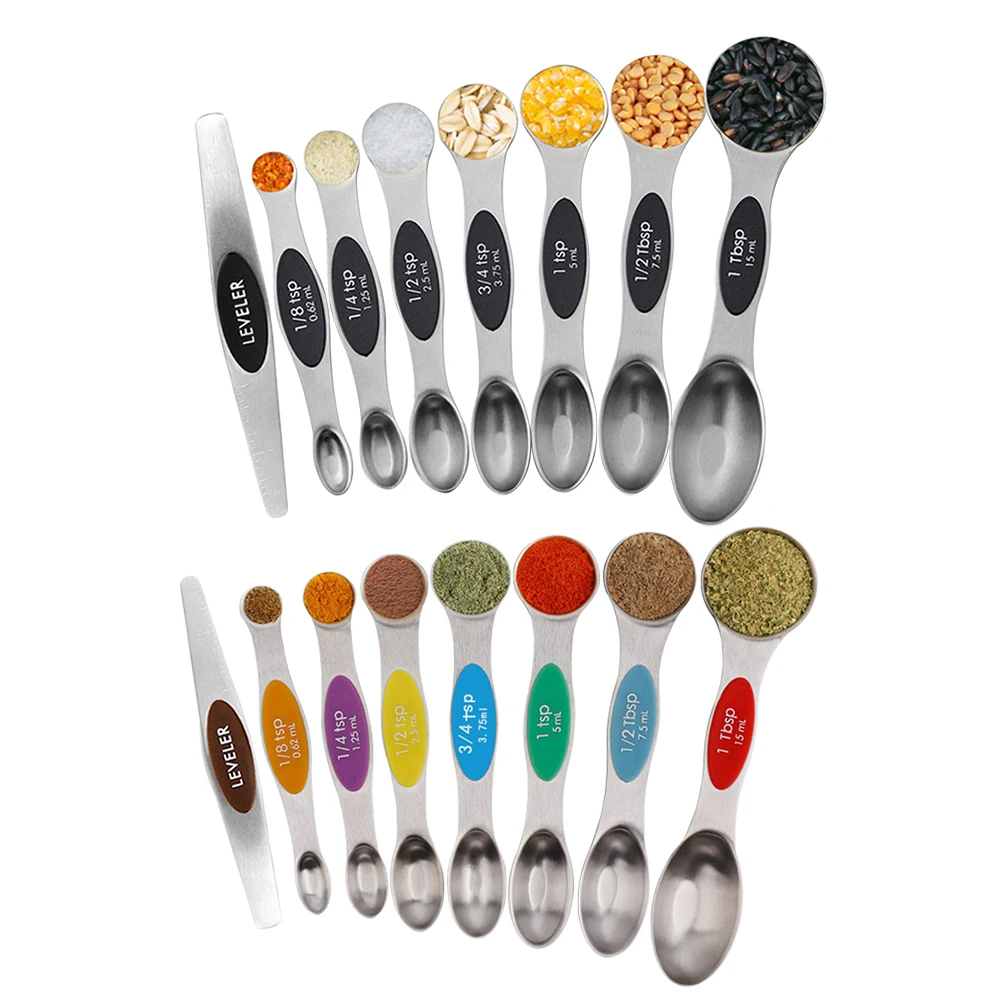 8Pcs Stainless Steel Measuring Spoon Magnetic Double Heads Measuring Spoons Measuring Cups and Spoons Scoop Kitchen Accessory