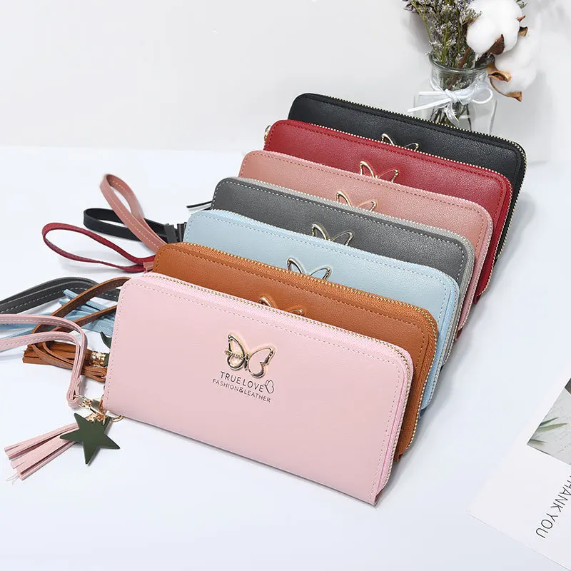 2019 New Style Fashion Versatile Large Capacity Butterfly Long Zipper Wallet For Women With Handle Belt,Lady Cell Phone Bag